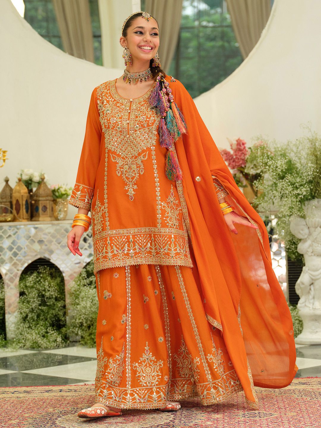 Women Ethnic Motif Embroidered Sequinned Kurta with Skirt & Dupatta