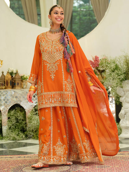 Women Ethnic Motif Embroidered Sequinned Kurta with Skirt & Dupatta