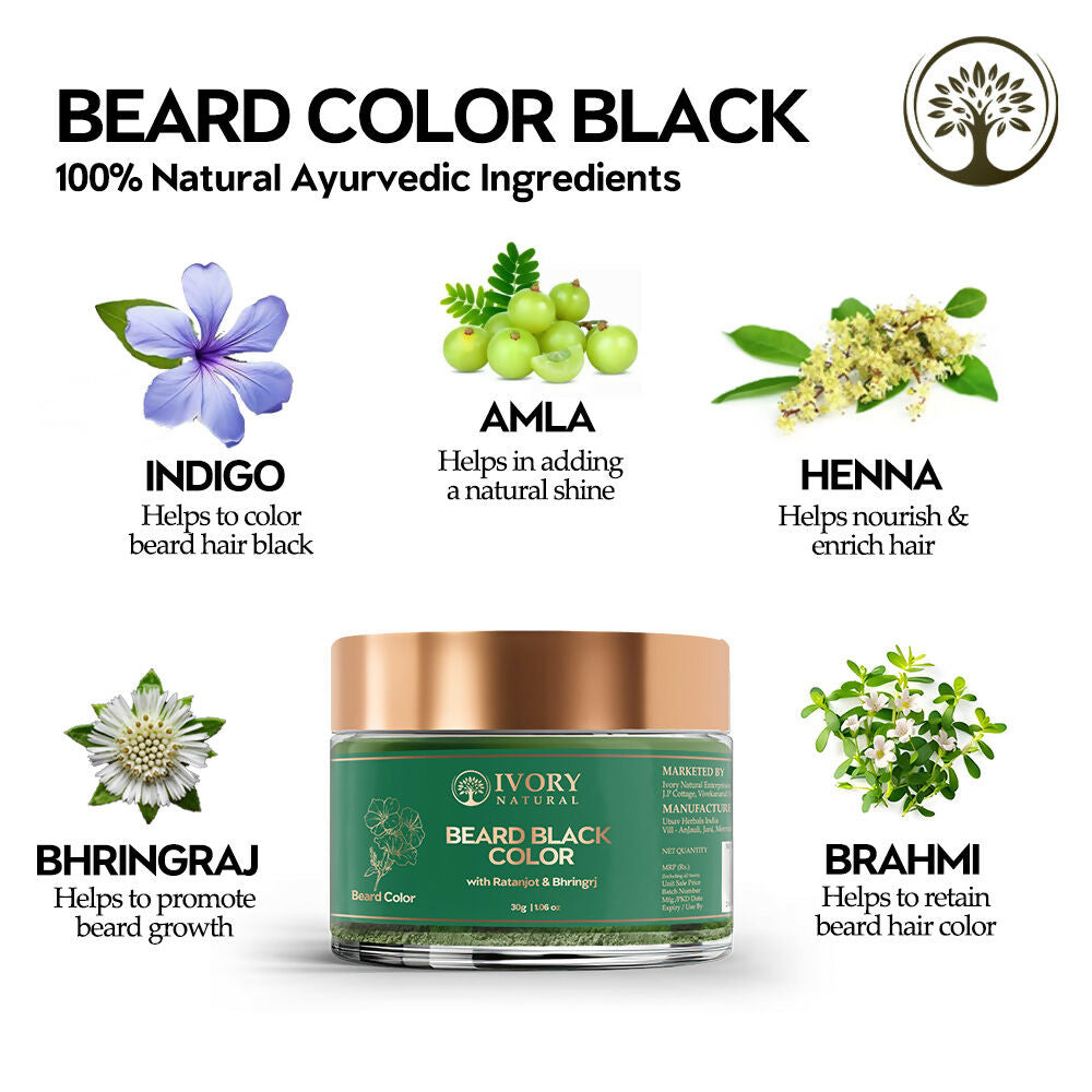 Ivory Natural beard color powder in black, organic plant-based beard dye applied to a beard for natural-looking color enhancement.