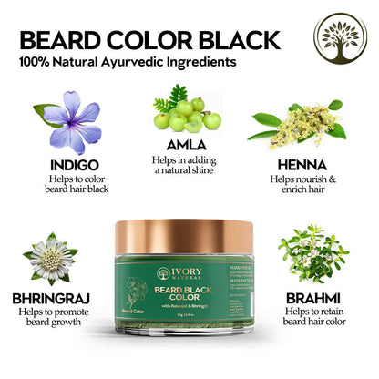 Ivory Natural beard color powder in black, organic plant-based beard dye applied to a beard for natural-looking color enhancement.