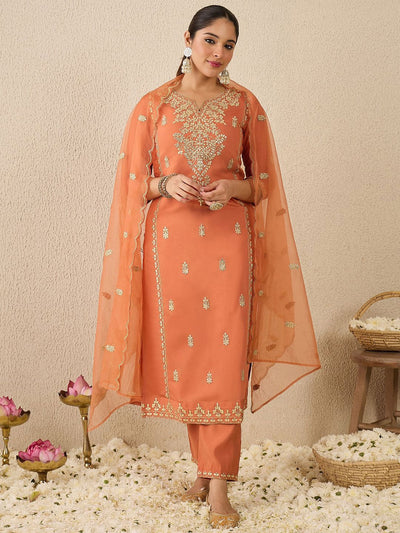 Indyancart IE Women's Ethnic Motifs Embroidered Thread Work Straight Kurta With Trousers & Dupatta