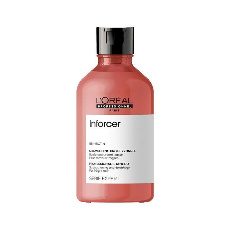 L'Oreal Professionnel Inforcer shampoo bottle with biotin and vitamin B6 for strengthening and reducing hair breakage.