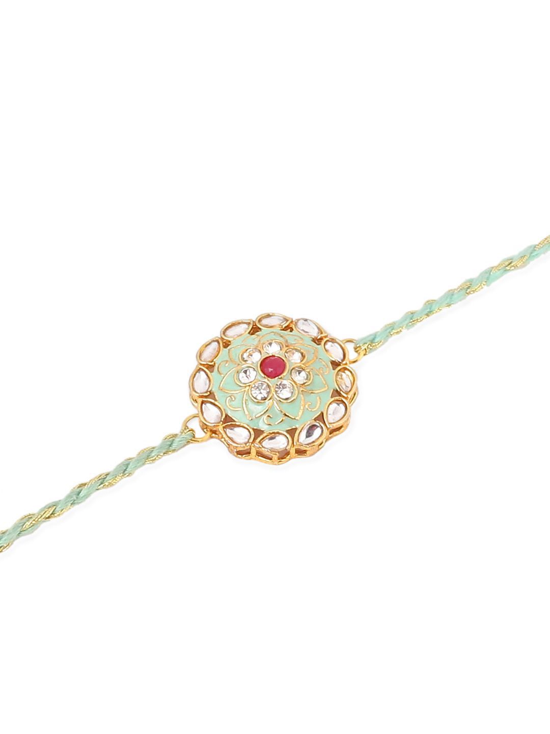 Anouk Men Set Of 2 Peach & Green Kundan Studded Round Floral Design Rakhi With Roli Chawal