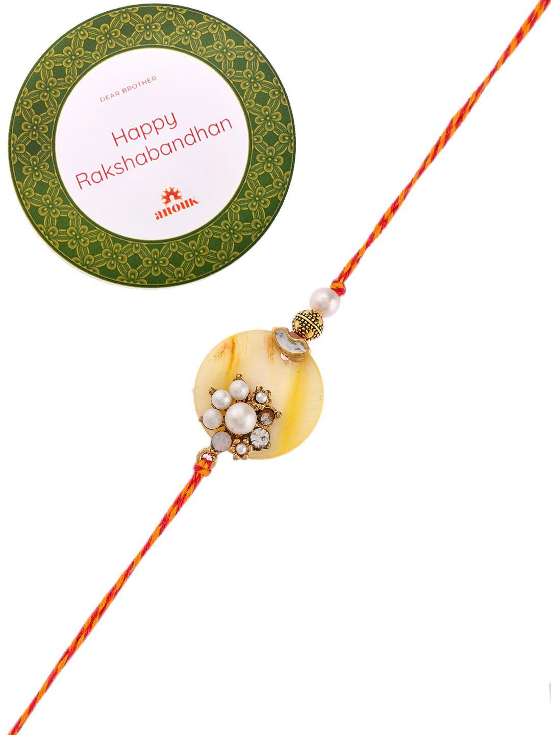 Anouk White Pearl-Beaded Rakhi With Roli Chawal & Greeting Card