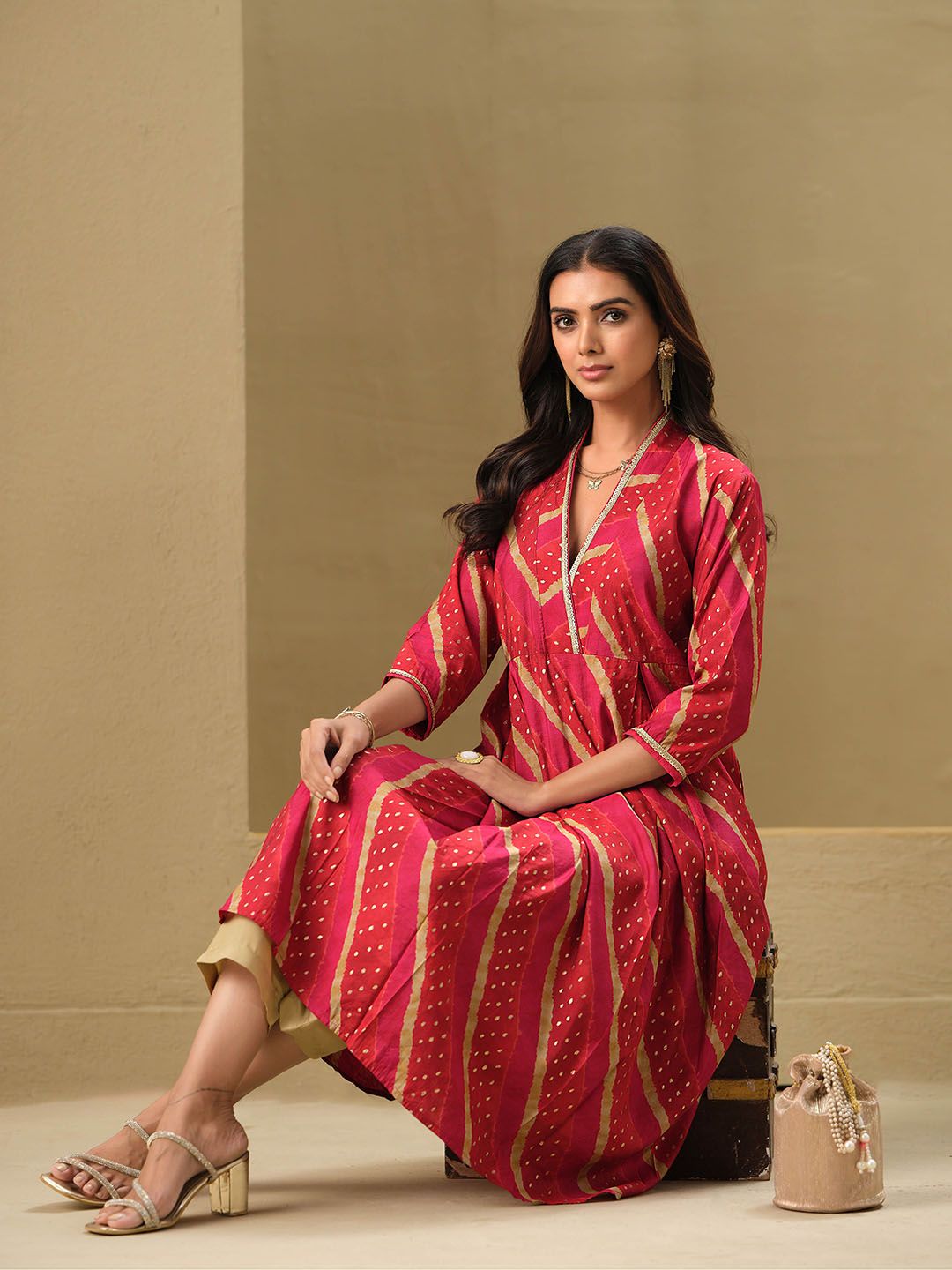 Indyancart SN Women's Leheriya Printed A-Line Kurta & Trousers Set