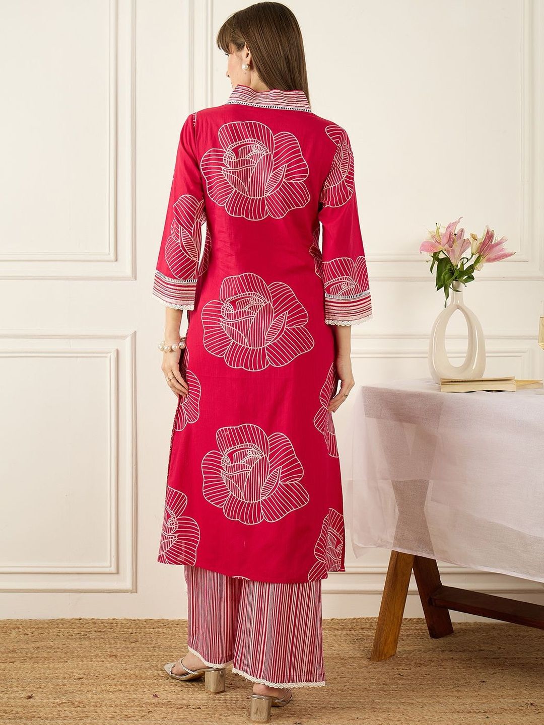 Floral Printed Thread Work Pure Cotton Kurta With Palazzos