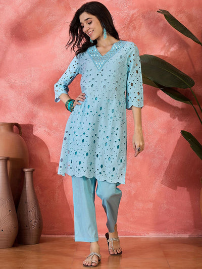 Indyancart SN Women's Self Design Pure Cotton V Neck Straight Kurta With Trouser