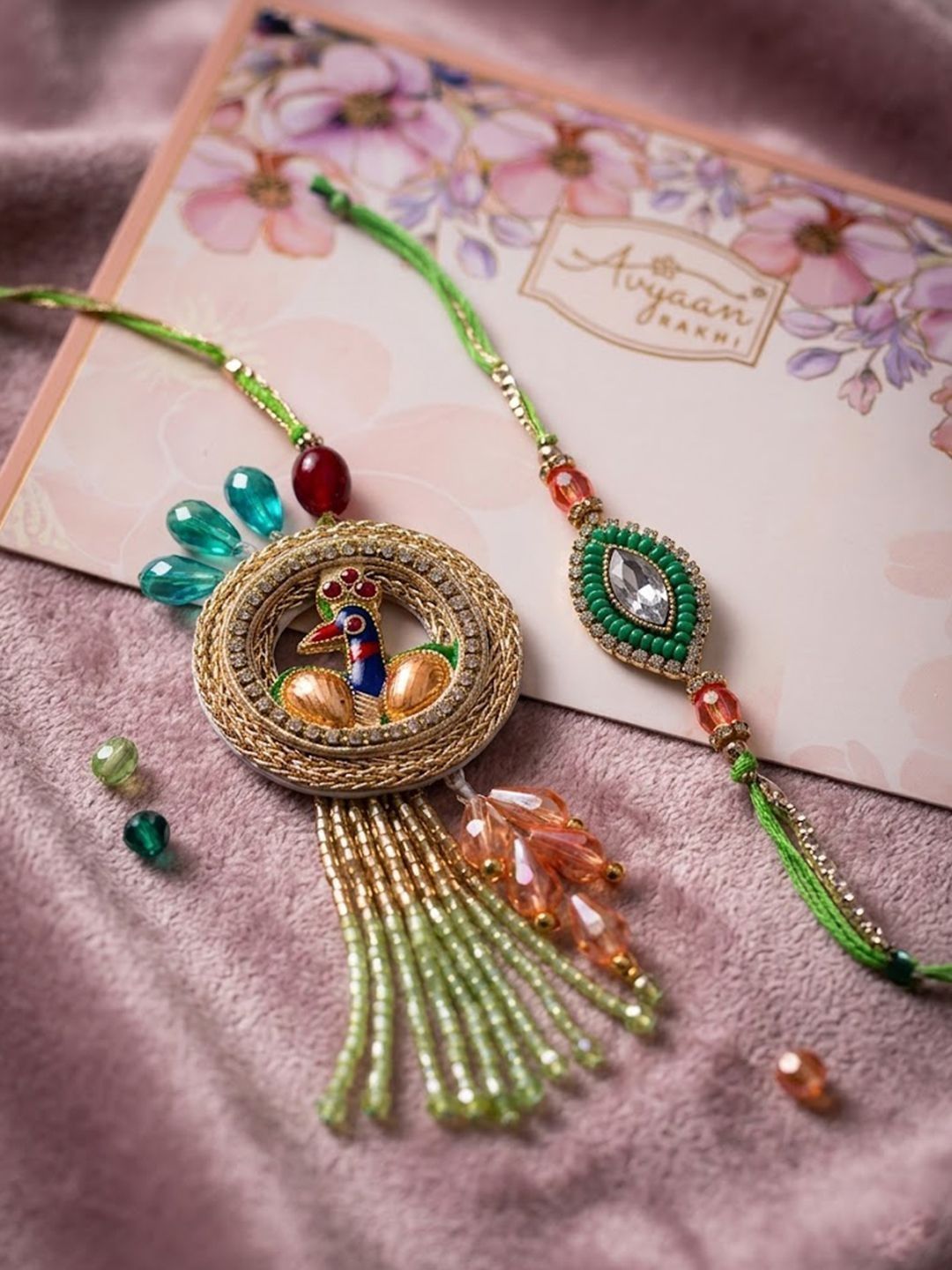 Anouk Set Of 2 Artificial Stones Designer Bhaiya Bhabhi Rakhi With Roli Chawal Chandan