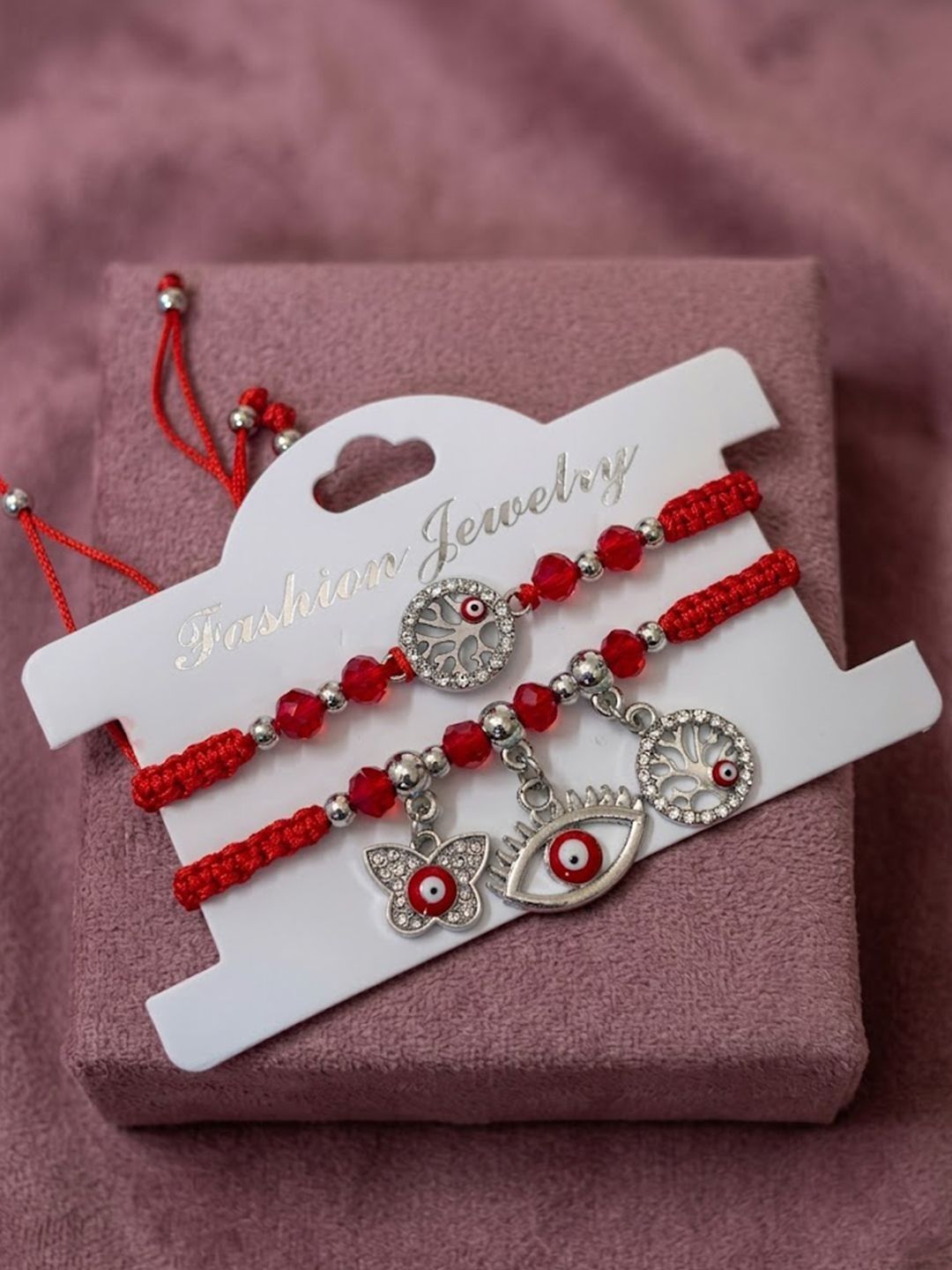 Anouk Set Of 2 Red & Silver Evil Eye Design Bhaiya Bhabhi Rakhi With Roli Chawal Chandan