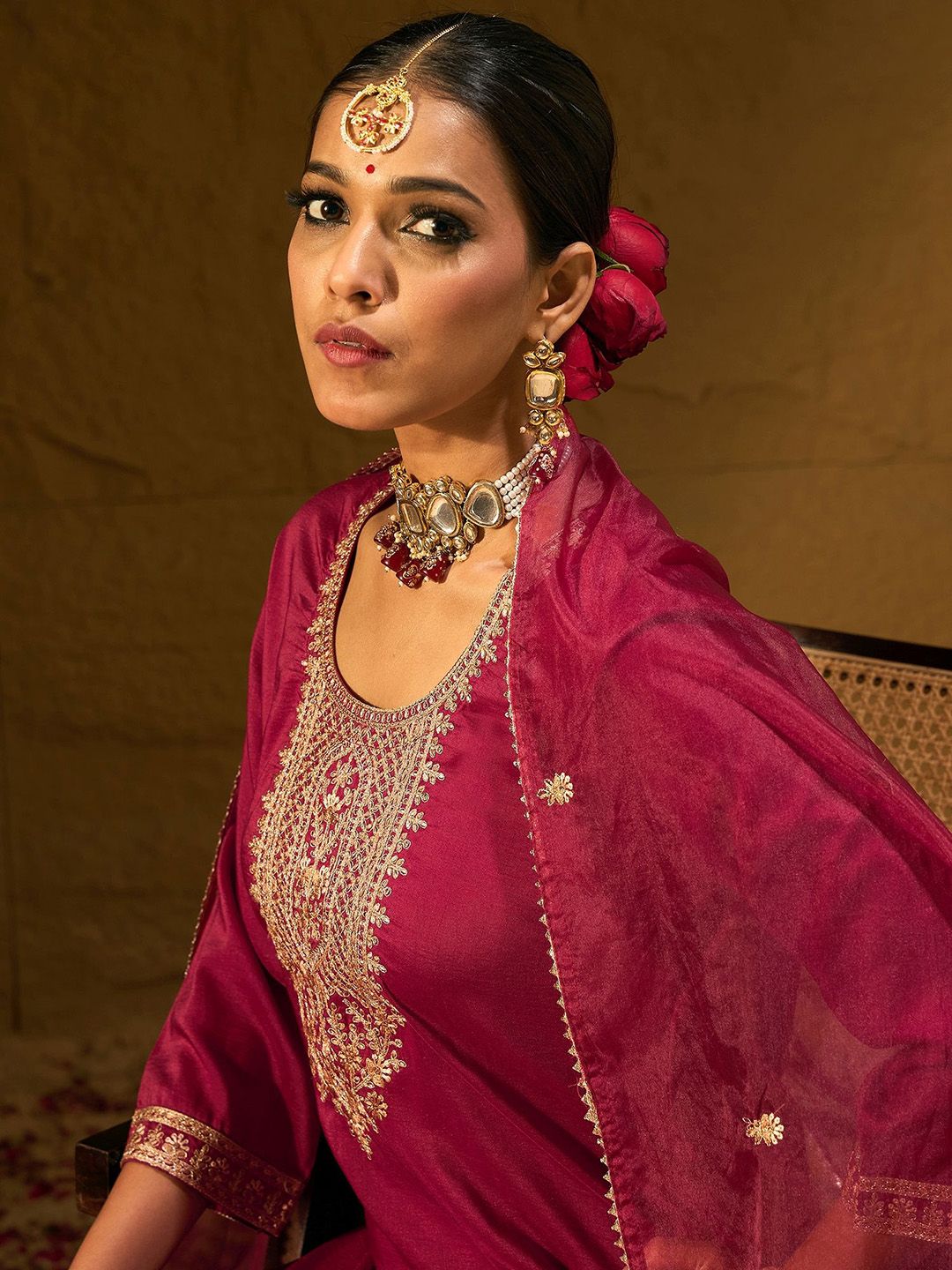 Maroon Ethnic Motifs Embroidered Straight Zari Kurta With Trousers & Dupatta