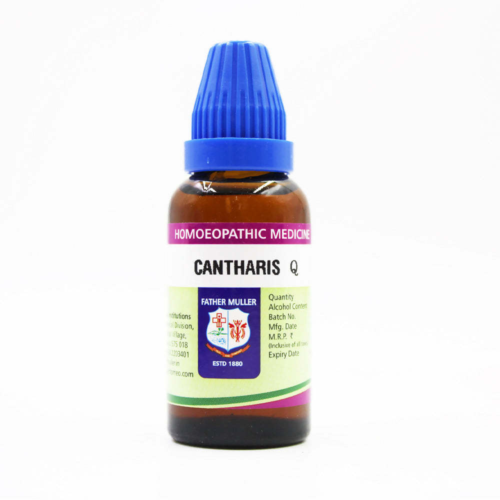 Father Muller Cantharis Mother Tincture Q bottle with label, clear glass container, and dropper cap for herbal homeopathic remedy.