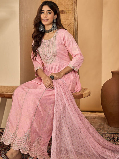 Indyancart SN Women's Floral Embroidered Sequinned A-line Kurta With Trousers & Dupatta