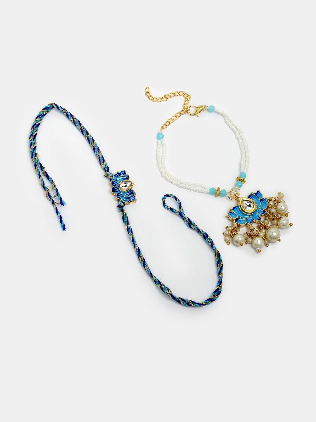Anouk Unisex Set Of 2 Blue Lotus Shape Kundan-Studded & Beaded Wraparound Rakhi Set