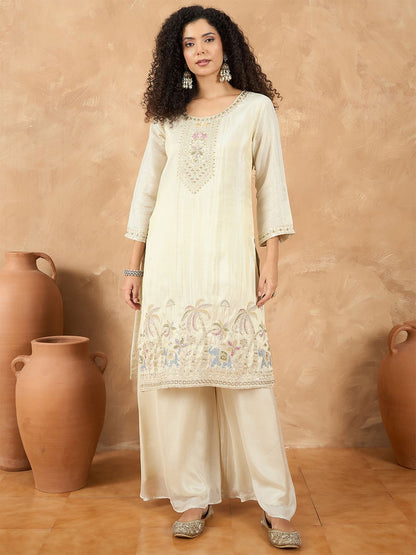 Indyancart VA Women Ethnic Motifs Embroidered Regular Thread Work Kurta with Palazzos & With Dupatta