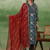 Indyancart SN Women's Green Floral Printed V-Neck Gotta Patti Pure Cotton Kurta With Trousers & Dupatta