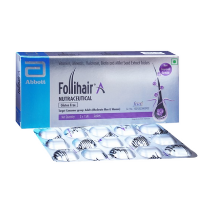 Abbott Follihair A gluten-free hair care tablets showing the packaging with tablets inside.