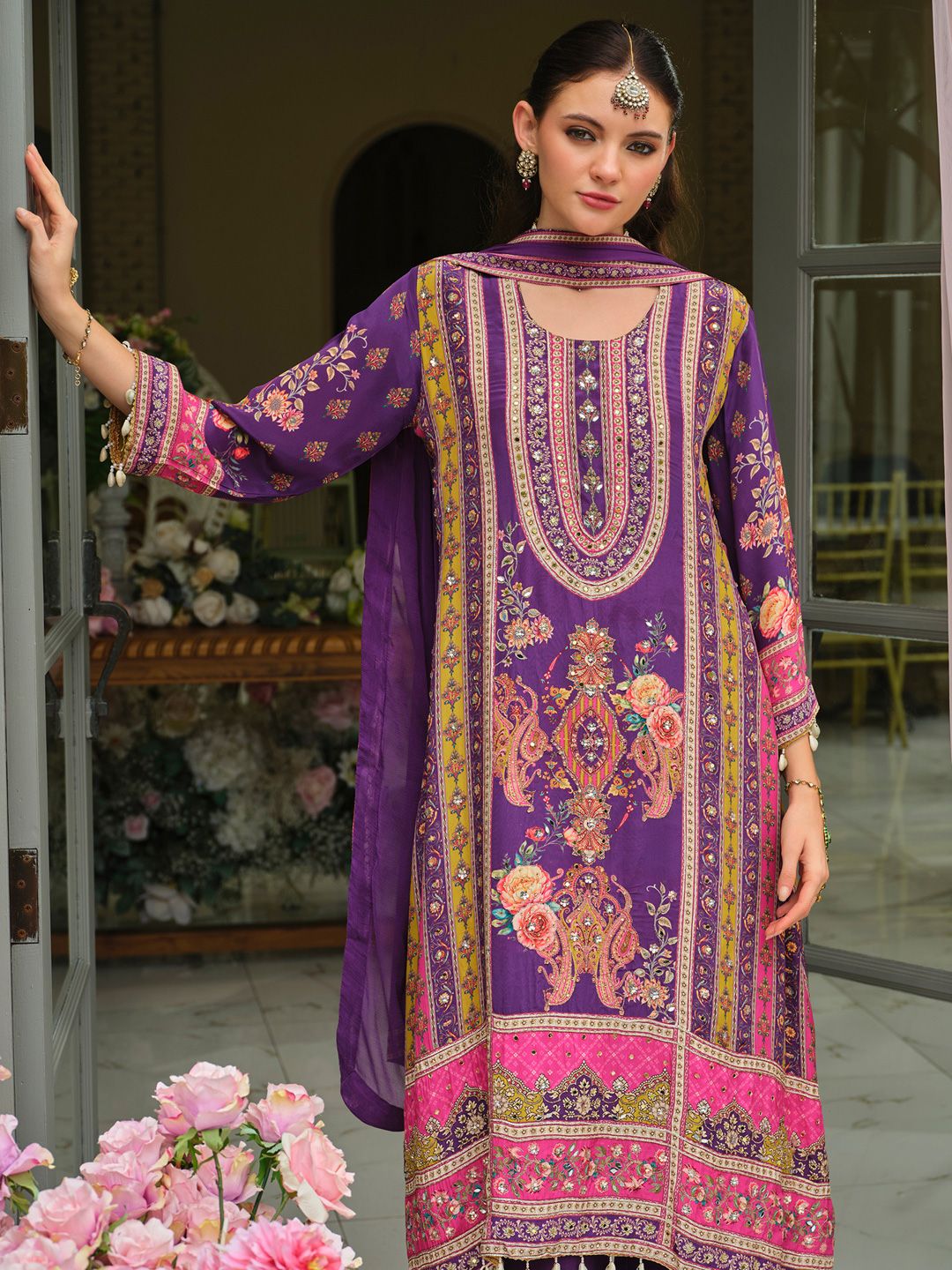 Indyancart IE Ethnic Motifs Printed Round Neck Mirror Work Silk Kurta With Palazzos & Dupatta