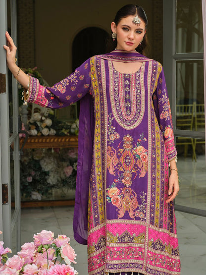 Indyancart IE Ethnic Motifs Printed Round Neck Mirror Work Silk Kurta With Palazzos & Dupatta