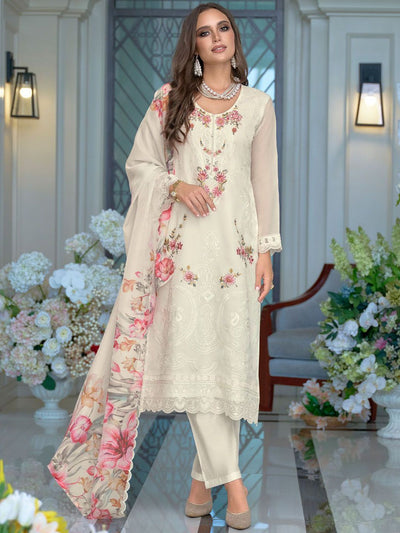 Indyancart IE Women Ethnic Motifs Embroidered Regular Organza Kurta with Trousers & Dupatta