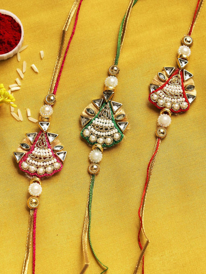 Anouk Red Set Of 3 Beaded & Embellished Thread Rakhi With Roli Chawal & Greeting Card