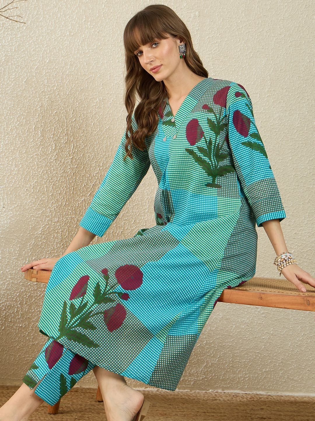 Floral Printed Pure Cotton A Line Kurta With Trousers