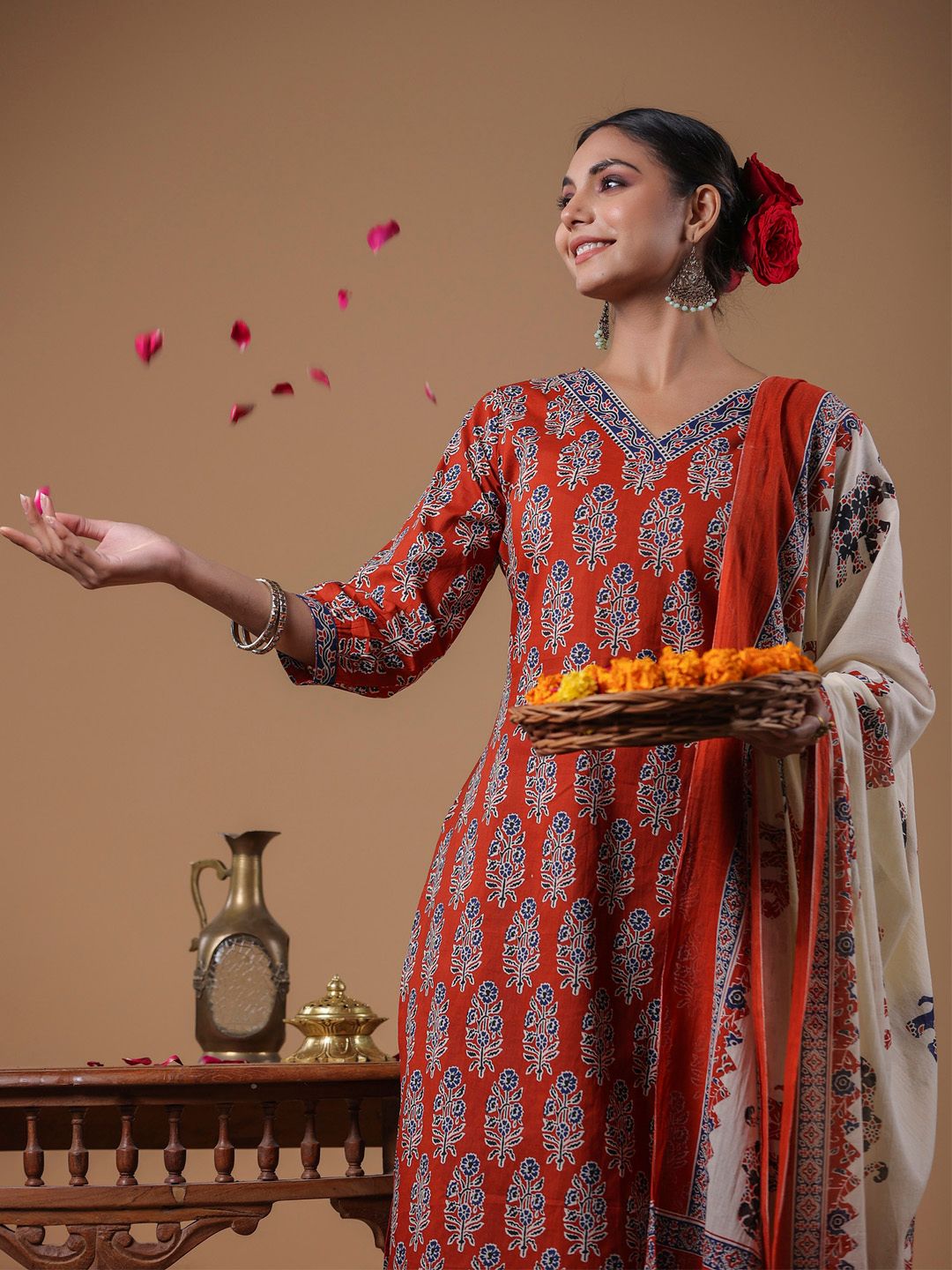 Women Rust Ethnic Motifs Printed Regular Pure Cotton Kurta with Trousers & With Dupatta