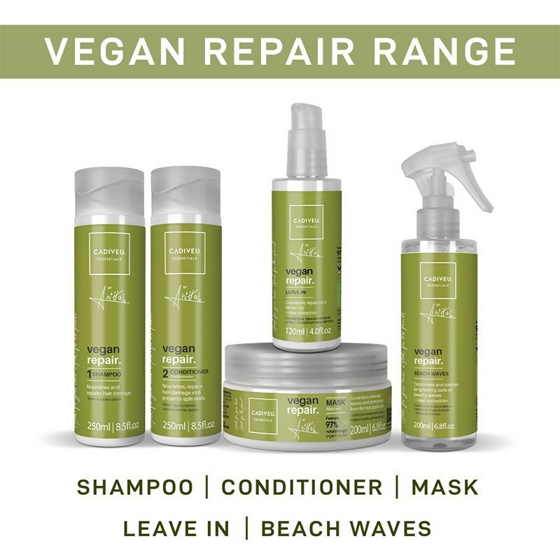 Cadiveu Vegan Repair Shampoo bottle with label, featuring a sleek design and natural ingredients for damaged hair treatment.