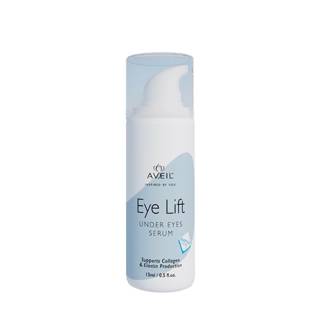 Aveil Eye Lift Under Eyes Serum showing a sleek bottle with applicator, designed to smooth fine lines and reduce wrinkles.