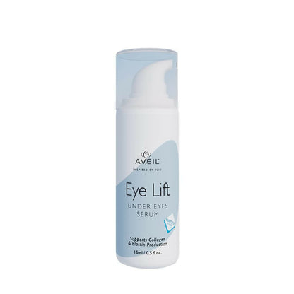 Aveil Eye Lift Under Eyes Serum showing a sleek bottle with applicator, designed to smooth fine lines and reduce wrinkles.