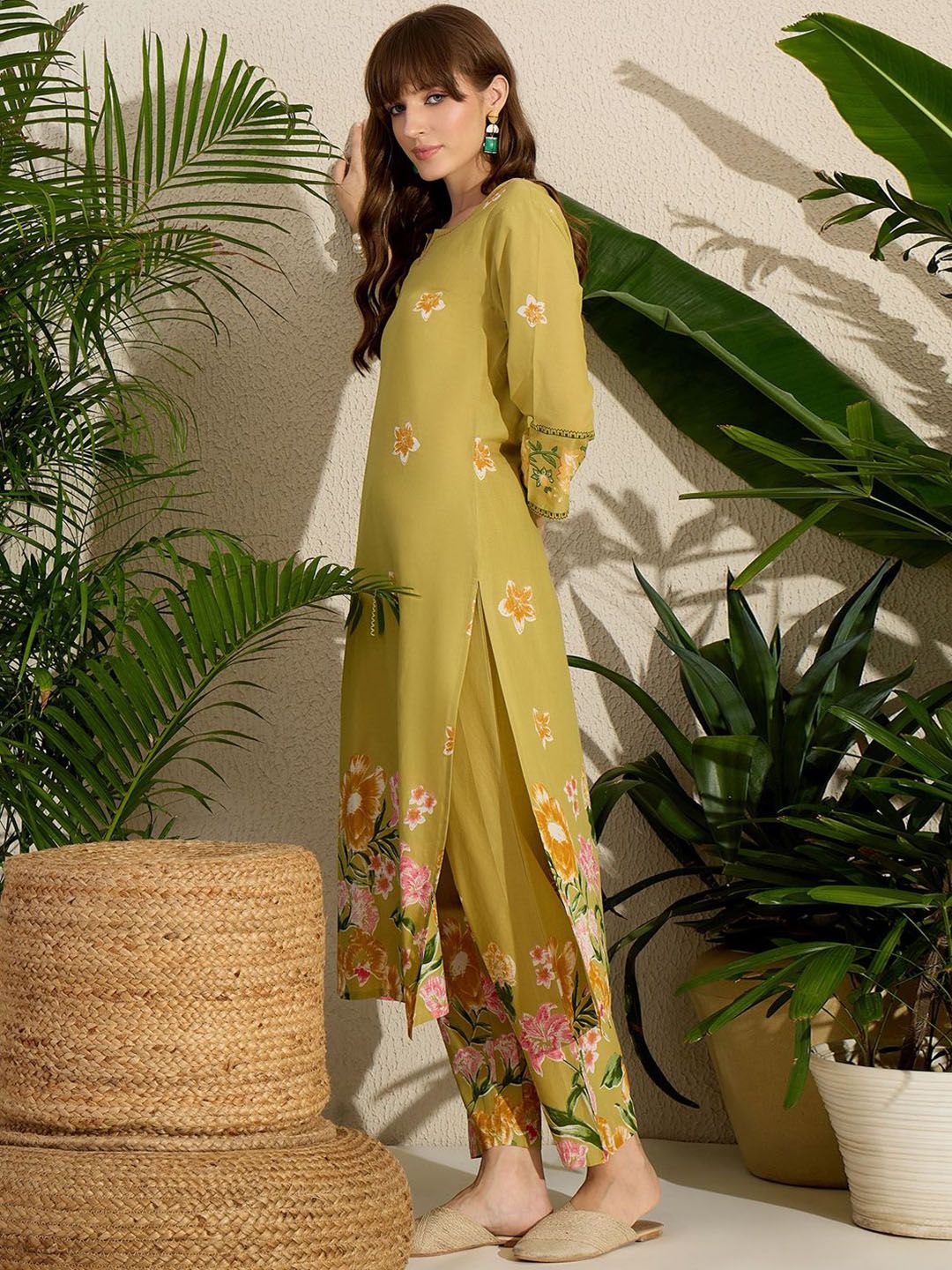 Indyancart IE Printed Notch Neck Straight Pure Cotton Kurta With Pants