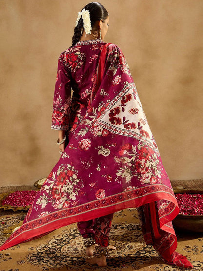Indyancart IE Floral Printed Angrakha Mirror Work Pure Cotton Kurta With Trousers & Dupatta