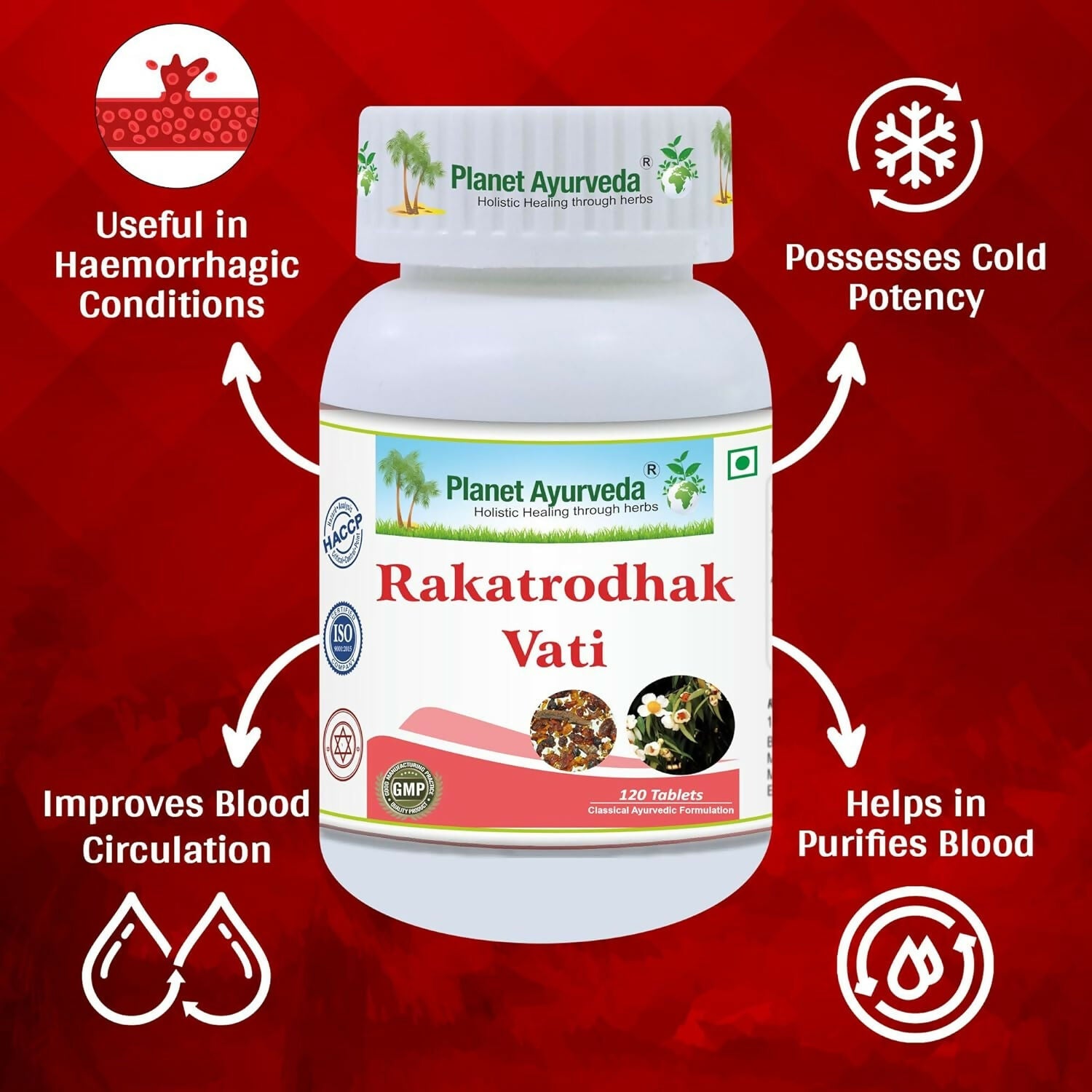 Planet Ayurveda Rakatrodhak Vati Ayurvedic tablets showing the round herbal supplement tablets in a blister pack.