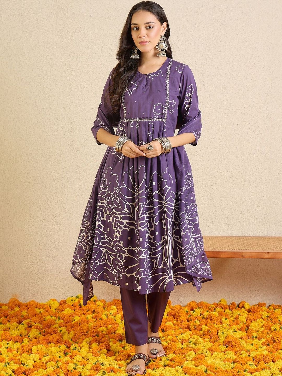 Women Ethnic Motifs Printed Regular Beads and Stones Pure Cotton Kurta with Trousers & With Dupatta