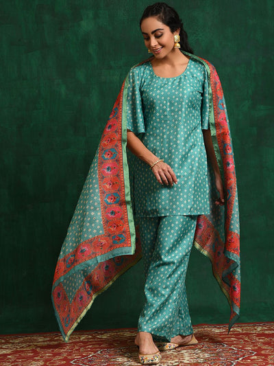 Indyancart SN Women's Green Bandhani Printed Flared Sleeves Straight Kurta With Palazzo & Dupatta