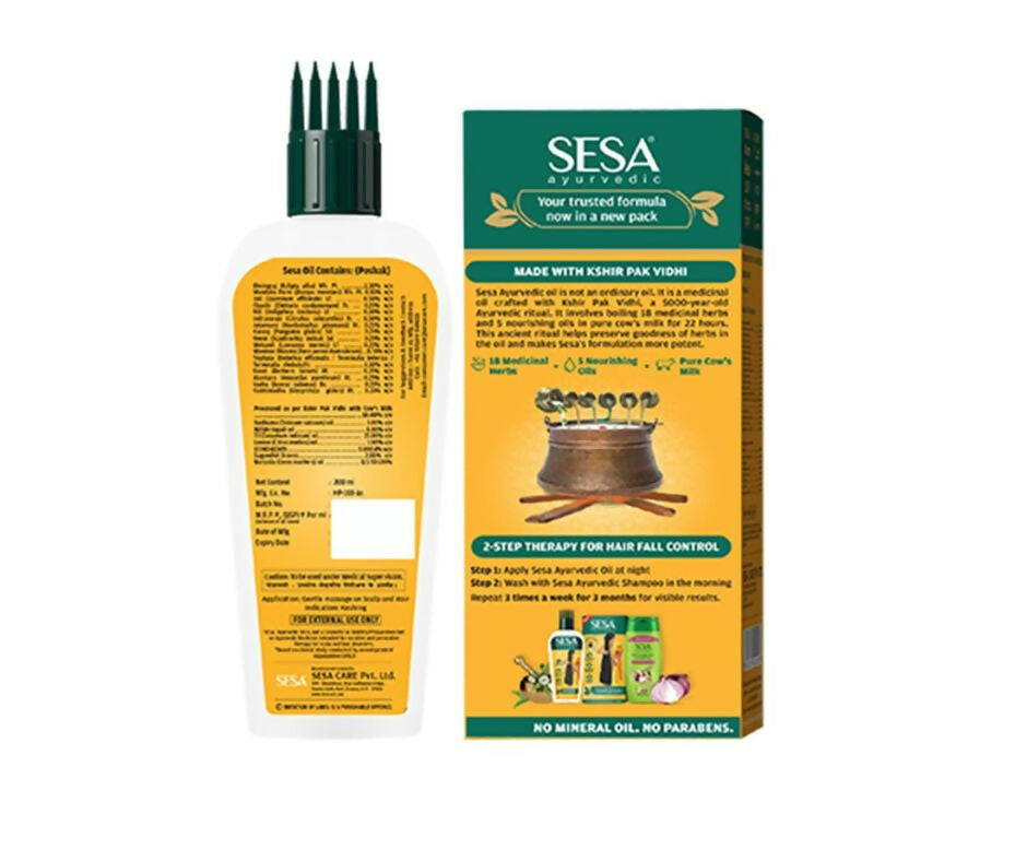 Sesa Ayurvedic Hair Oil bottle with herbal ingredients for nourishing and strengthening hair.