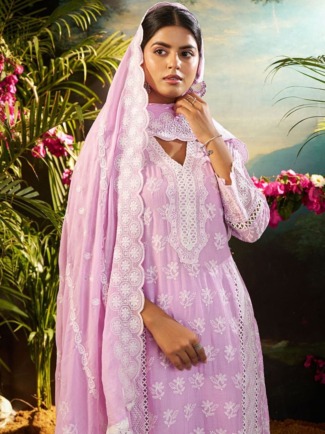 Women Ethnic Motifs Embroidered Regular Chikankari Pure Cotton Kurta with Trousers & With Dupatta