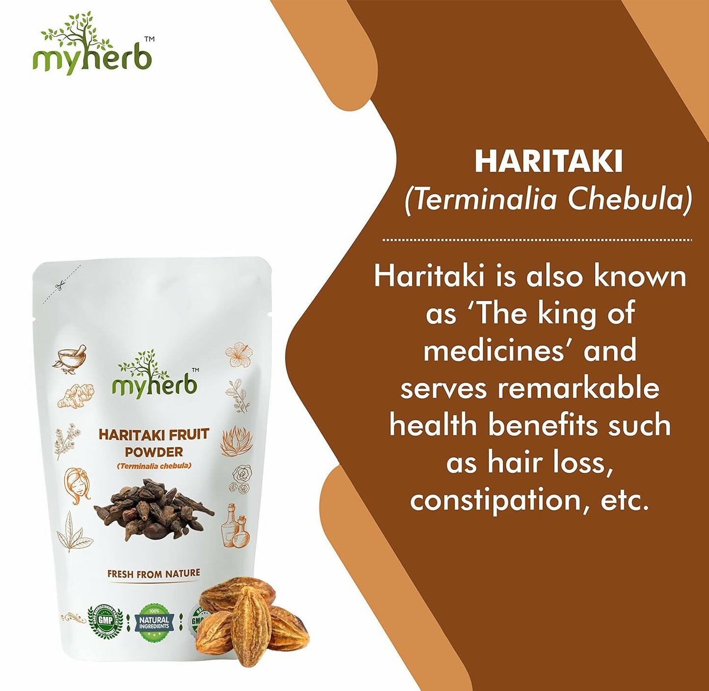 Myherb Organic Haritaki Powder in a jar, Ayurvedic herbal powder with natural, earthy appearance for health and wellness use.