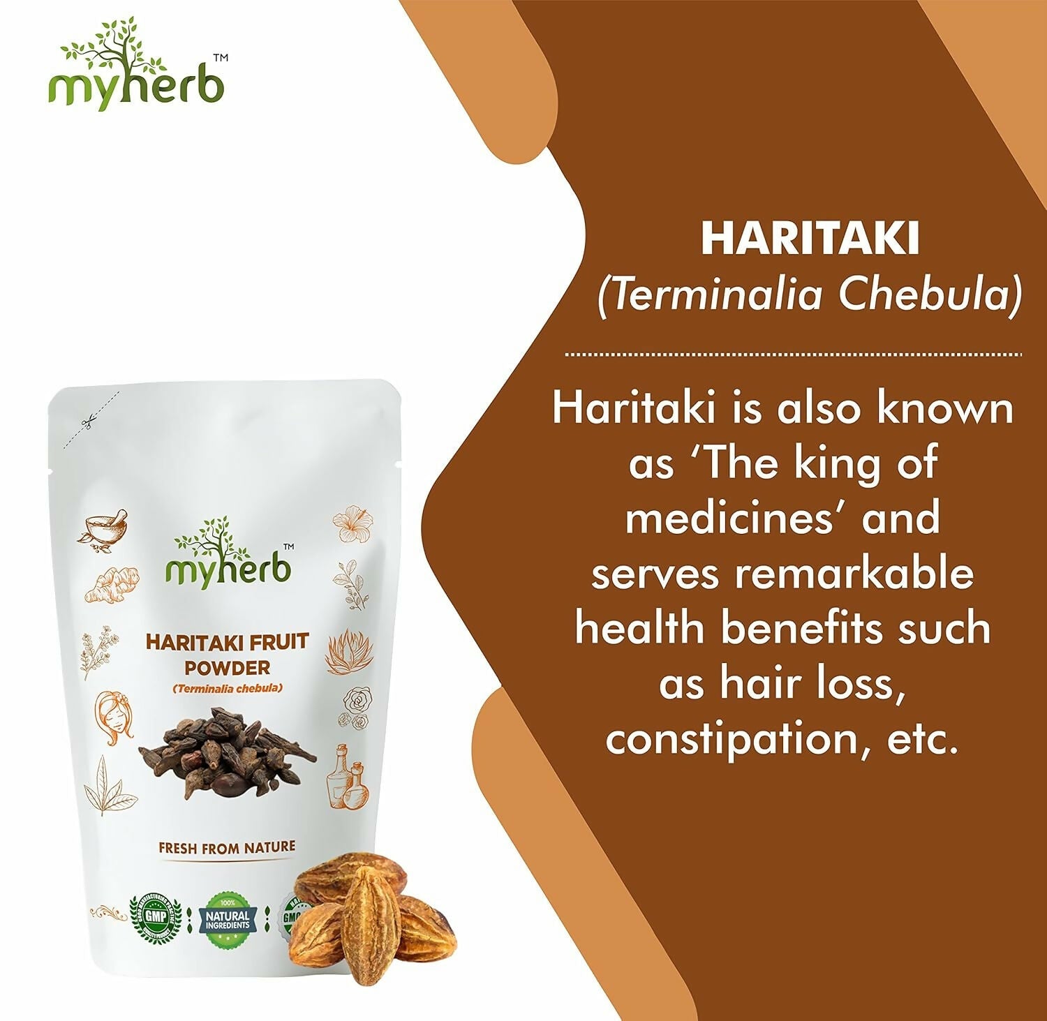 Myherb Organic Haritaki Powder in a jar, Ayurvedic herbal powder with natural, earthy appearance for health and wellness use.