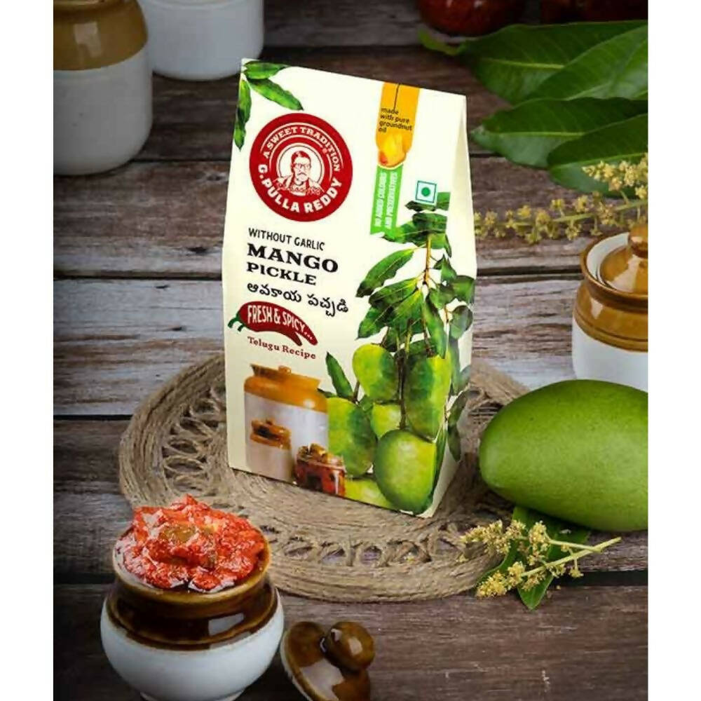 North Indian mango pickle by G Pulla Reddy Sweets, featuring vibrant mango chunks in spicy, tangy pickle without garlic.