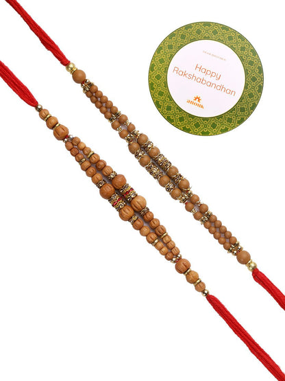 Anouk Set Of 2 Brown Beaded Rakhi With Roli Rice & Greeting Card