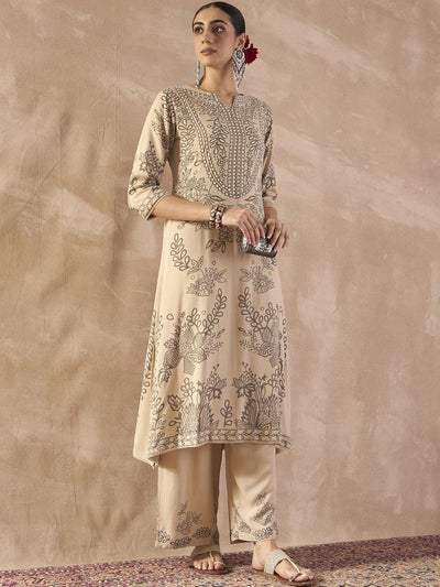 Indyancart IE Ethnic Motifs Printed Notch Neck Sequinned Straight Kurta With Trousers