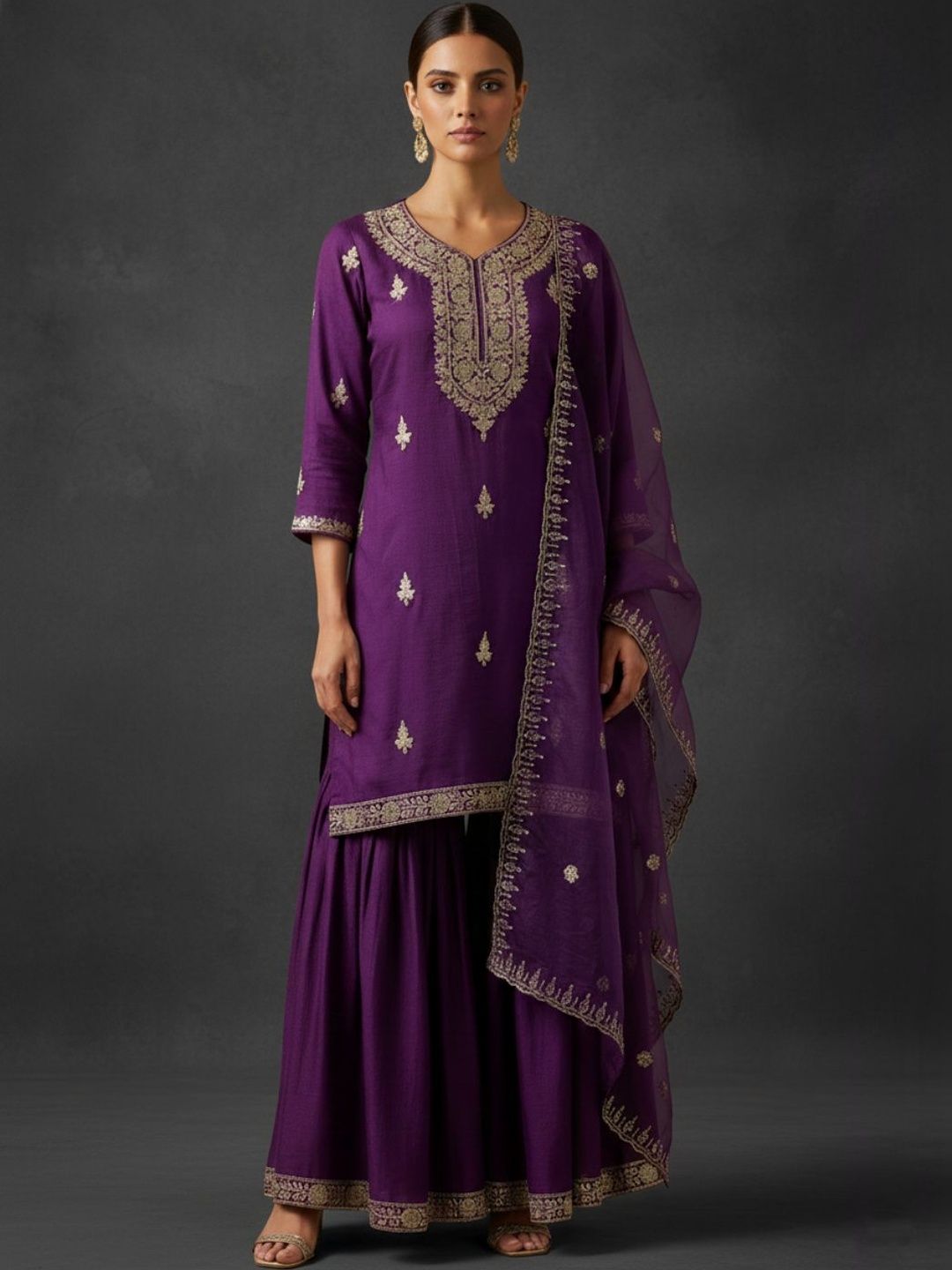 Indyancart VA Women Ethnic Motifs Embroidered Regular Thread Work Kurta with Sharara & With Dupatta