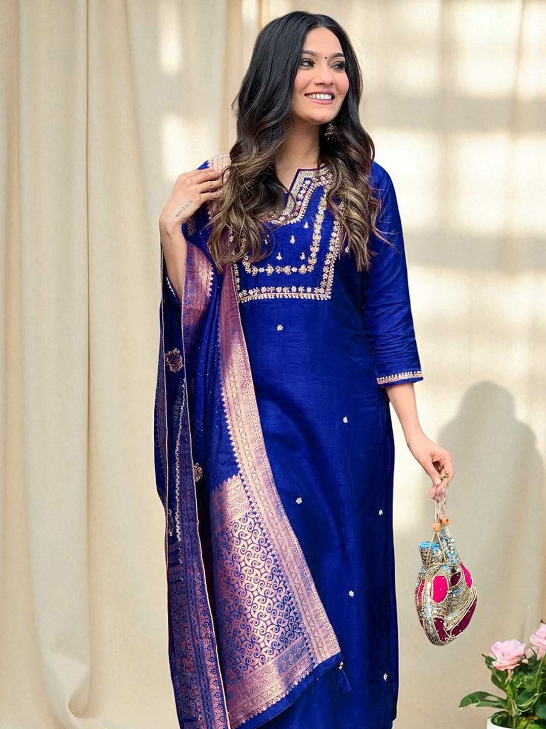Indyancart SN Women's Embroidered Pure Cotton Straight Kurta Trousers & Dupatta