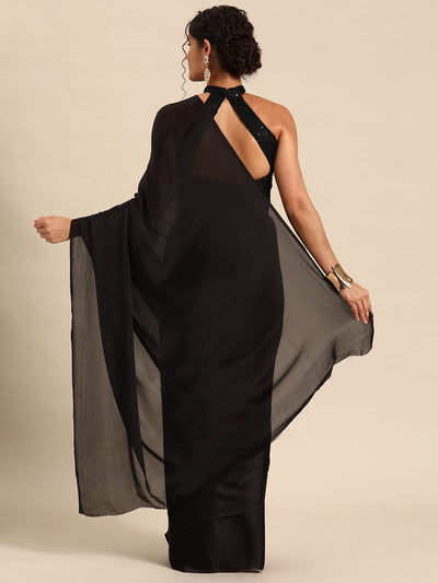 Indyancart GR Women's Naaz Sapphire Black Satin Saree