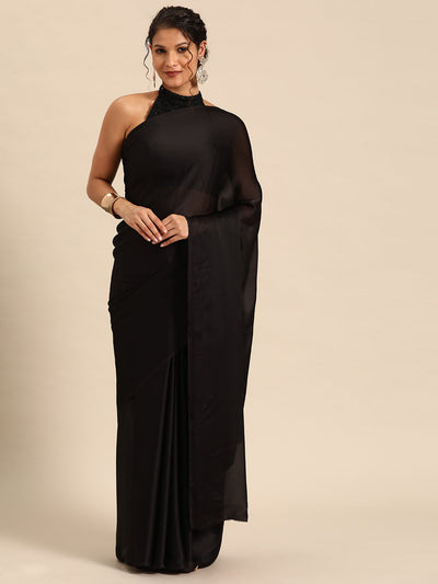 Indyancart GR Women's Naaz Sapphire Black Satin Saree