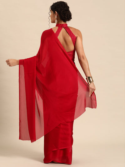 Indyancart GR Women's Naaz Cherry Red Satin Saree