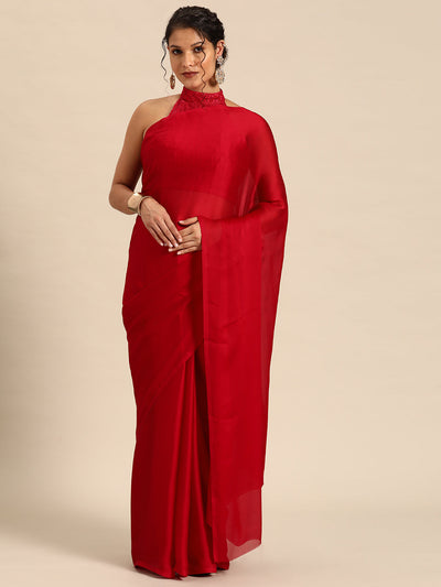 Indyancart GR Women's Naaz Cherry Red Satin Saree