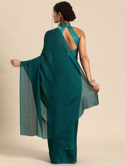 Indyancart GR Women's Naaz Teal Satin Saree