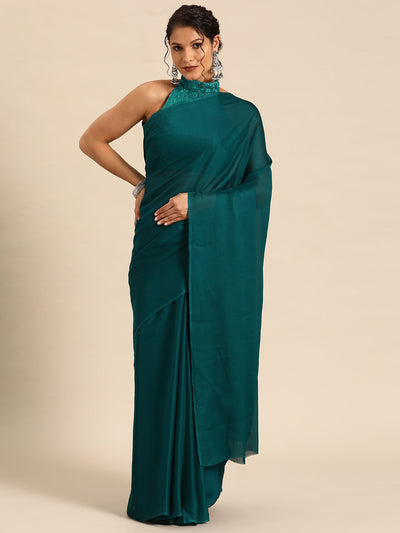 Indyancart GR Women's Naaz Teal Satin Saree
