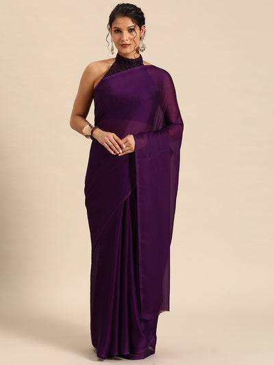 Indyancart GR Women's Naaz Plum Wine Satin Saree